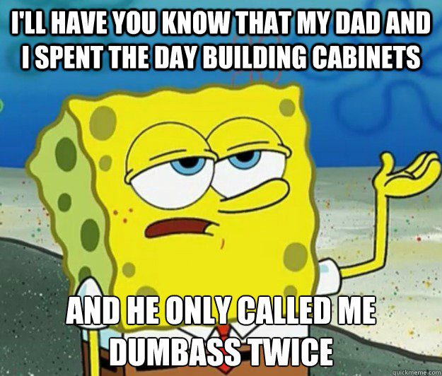 I'll Have You Know That My Dad And I Spent The Day Building Cabinets And  He Only Called Me A Dumbass Twice - Spongebob Meme