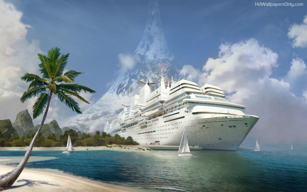 Cruise Ship In The Tropics - palm tree white sandy beach - wallpaper background