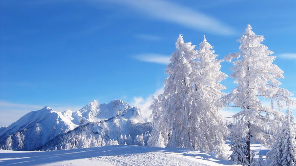 Gorgeous Snowy Mountain Scene, White Trees - winter wallpaper background