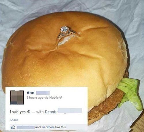 I Said Yes - engagement ring in a cheeseburger - relationship meme