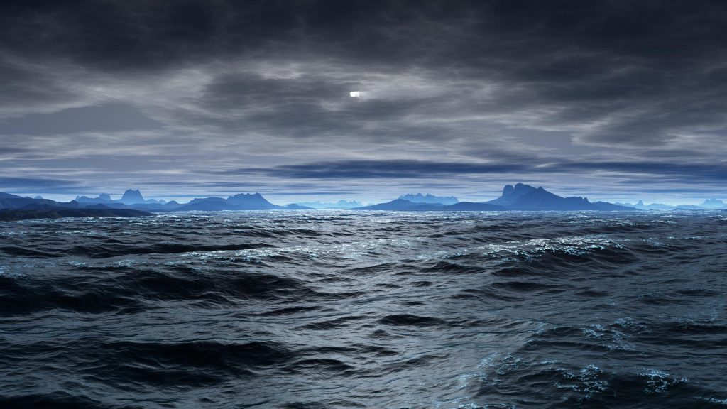 Rough Seas - ocean view with rough seas and dark skies with mountains in the background - wallpaper