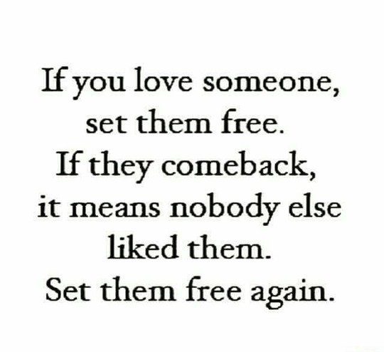 if you love someone, set them free. if they come back, set them free again. it means no on else liked them. set them free again. - relationship meme