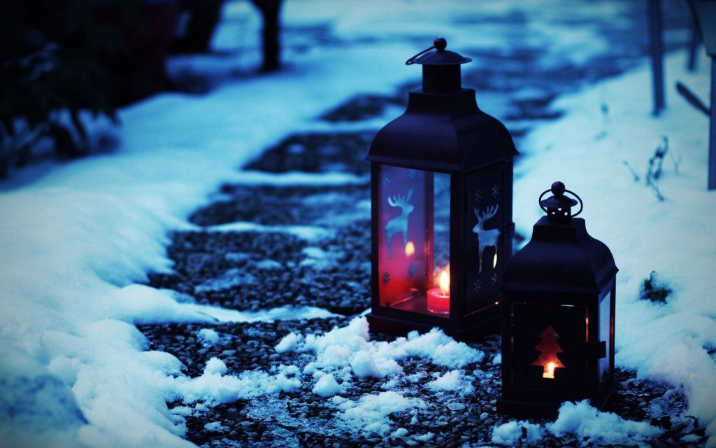 Winter Path - snowy path with lanterns at night - winter wallpaper desktop background