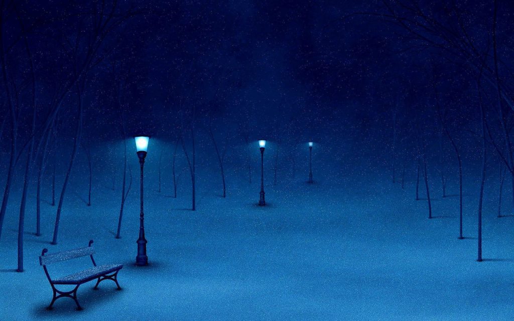 Snowy Park - lamp posts park bench at night - winter wallpaper background